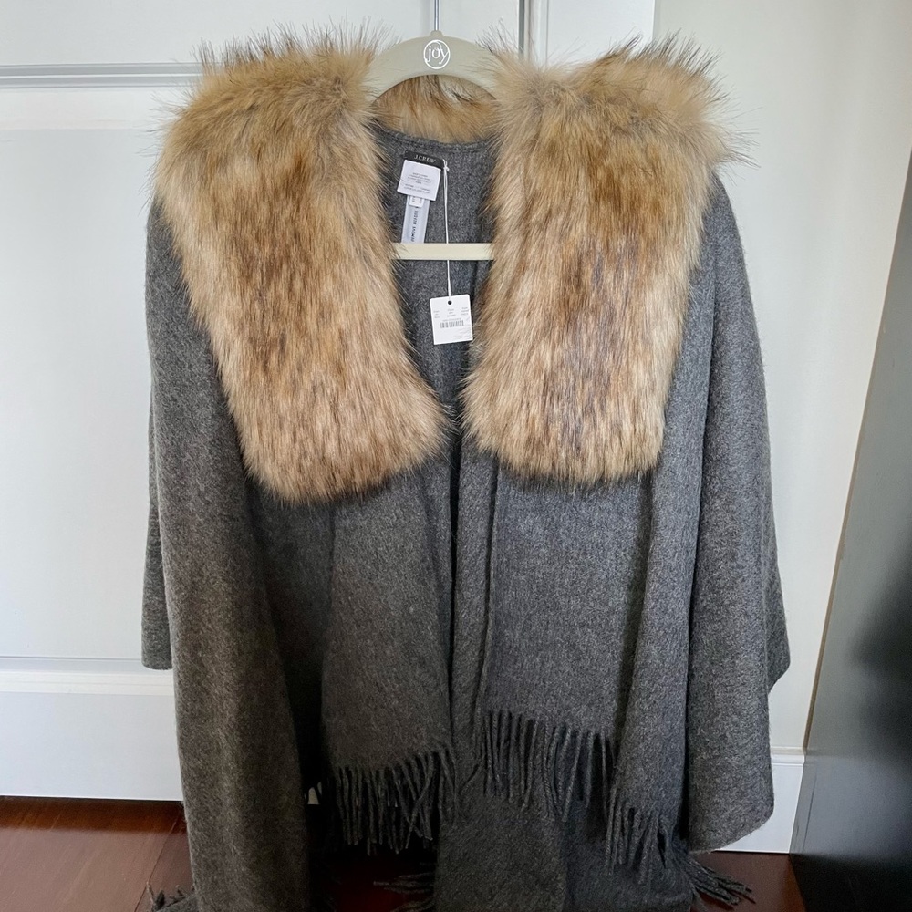 J Crew Grey Fur Sweater Poncho